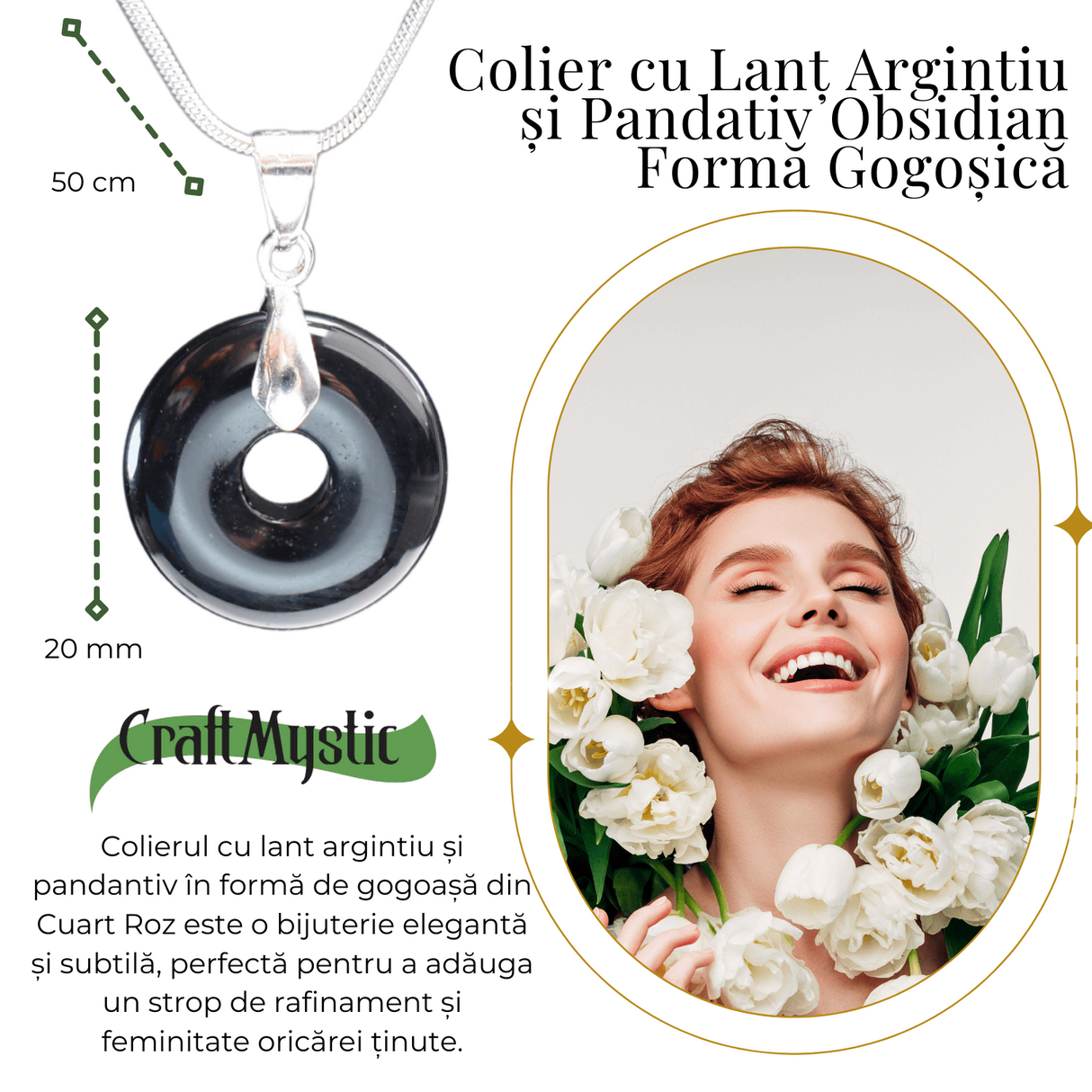 Colier cu Lant Argintiu si Pandantiv Obsidian in Forma de Gogosica, Lungime Totala 50 cm, Diametru Pandantiv 20 mm
