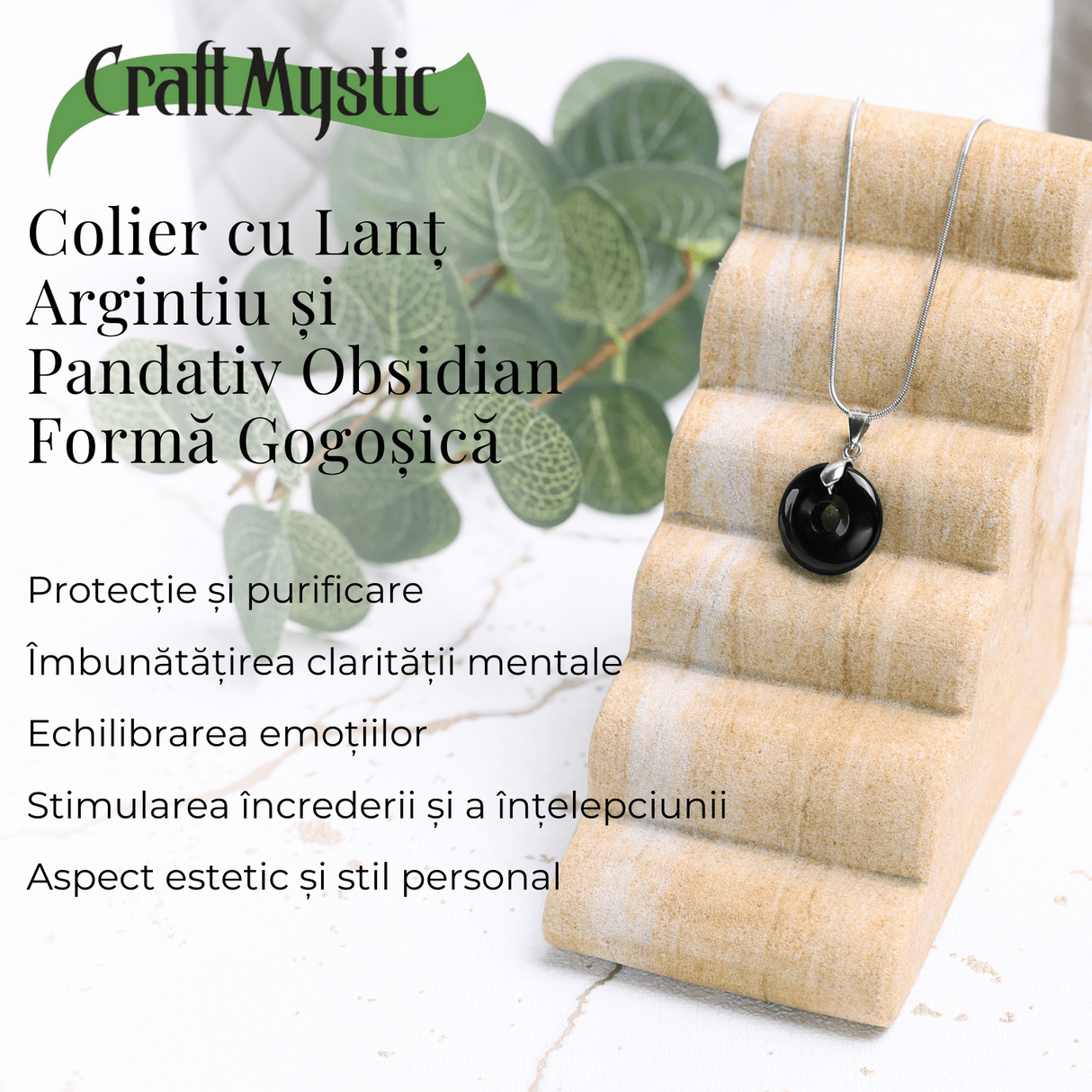 Colier cu Lant Argintiu si Pandantiv Obsidian in Forma de Gogosica, Lungime Totala 50 cm, Diametru Pandantiv 20 mm