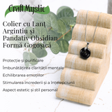 Colier cu Lant Argintiu si Pandantiv Obsidian in Forma de Gogosica, Lungime Totala 50 cm, Diametru Pandantiv 20 mm