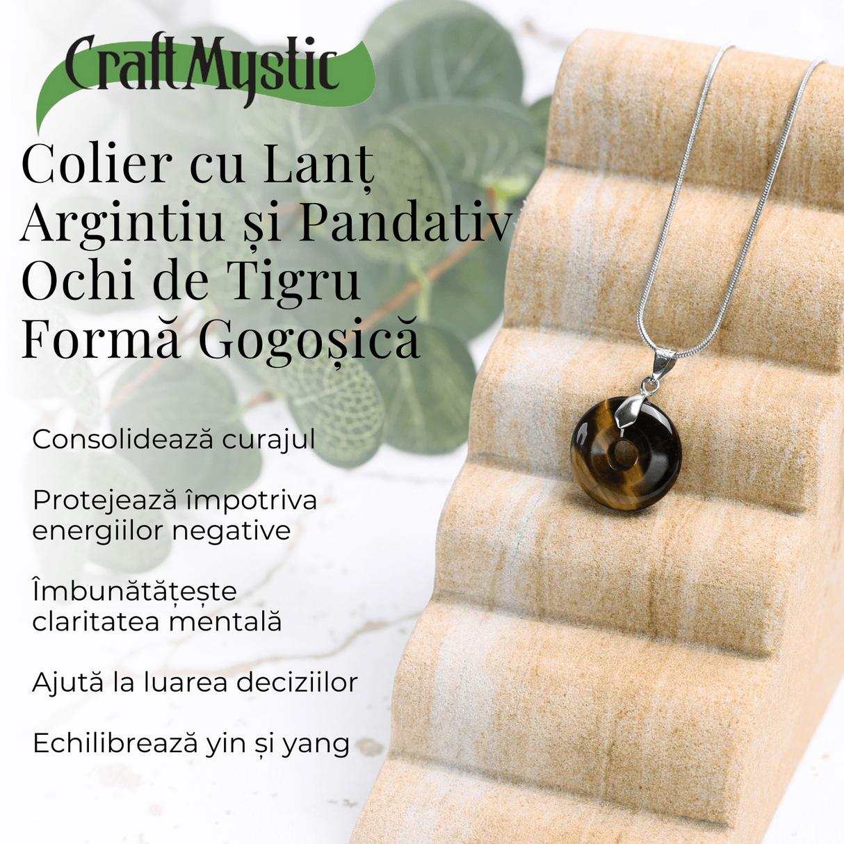 Colier cu Lant Argintiu si Pandantiv Ochi de Tigru in Forma de Gogosica, Lungime Totala 50 cm, Diametru Pandantiv 20 mm