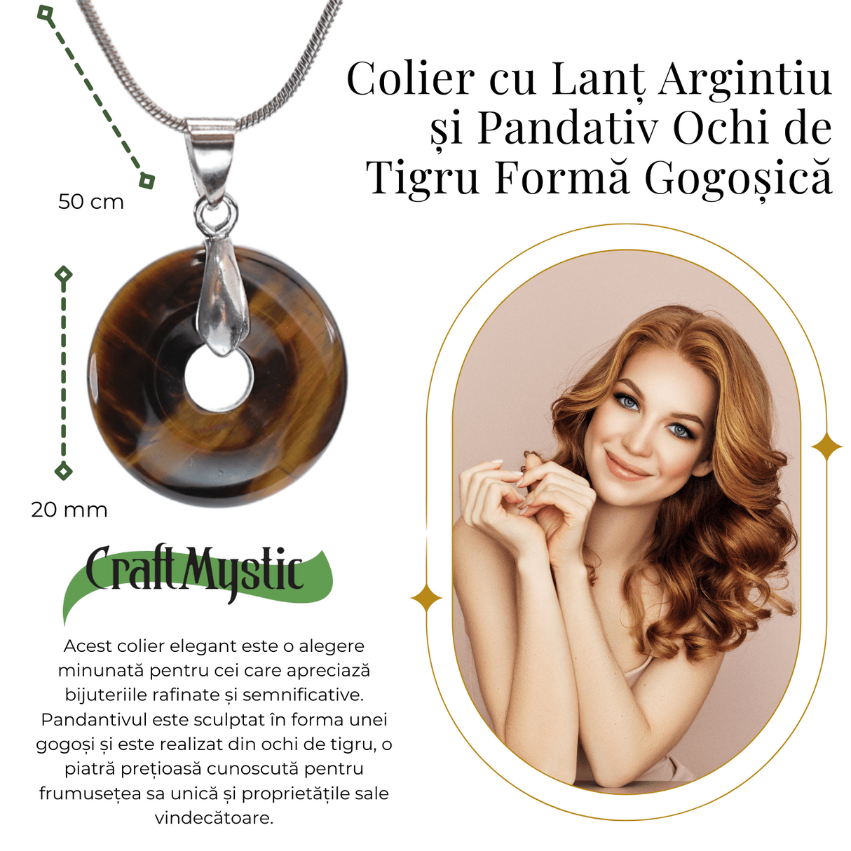 Colier cu Lant Argintiu si Pandantiv Ochi de Tigru in Forma de Gogosica, Lungime Totala 50 cm, Diametru Pandantiv 20 mm