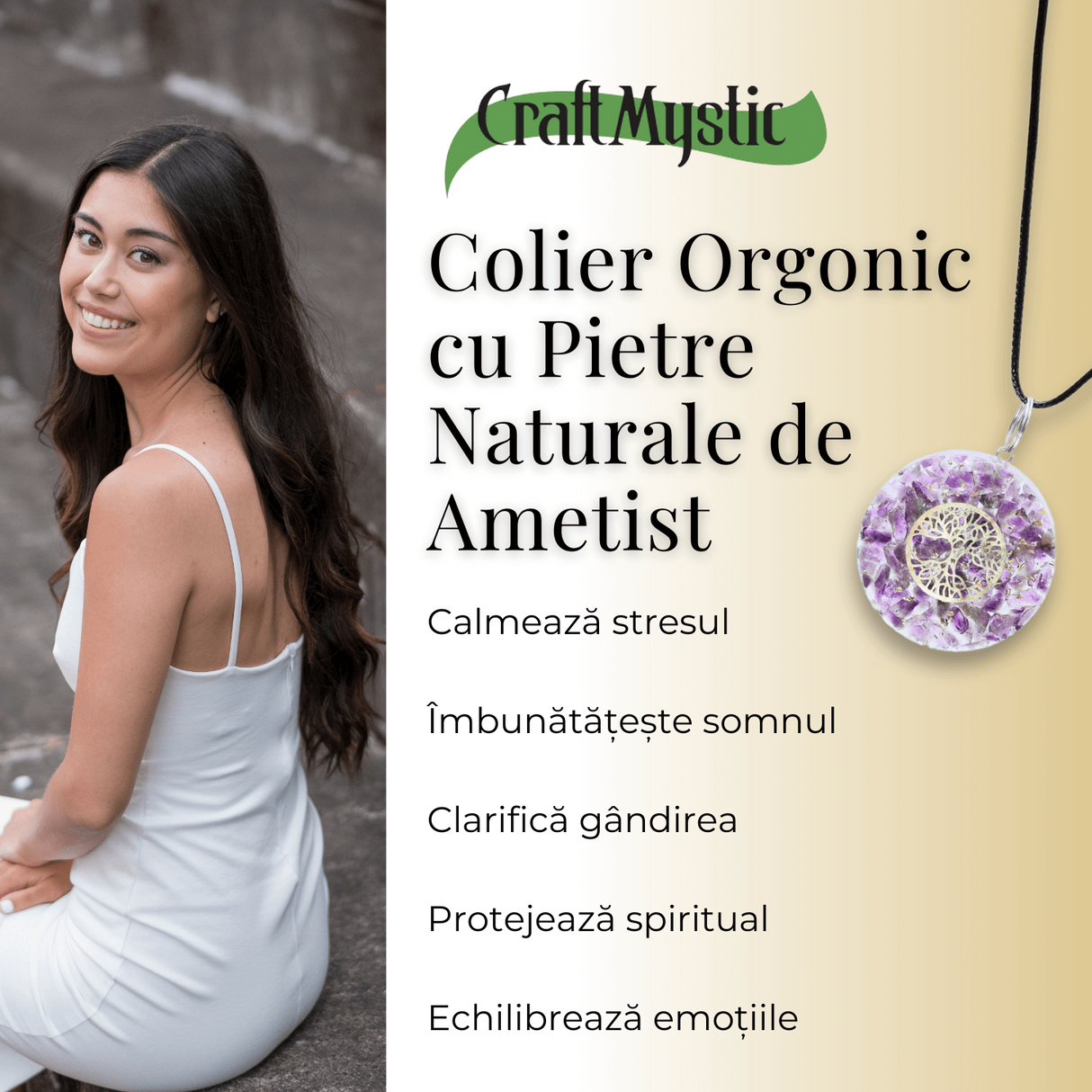 Colier Orgonic Reglabil cu Pietre de Ametist si Simbolul Arborele Vietii