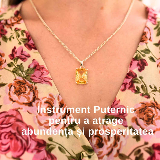 Colier cu Pandantiv Argintiu 15mm in Forma Dreptunghiulara cu Citrin Natural Fatetat - Energie si Prosperitate