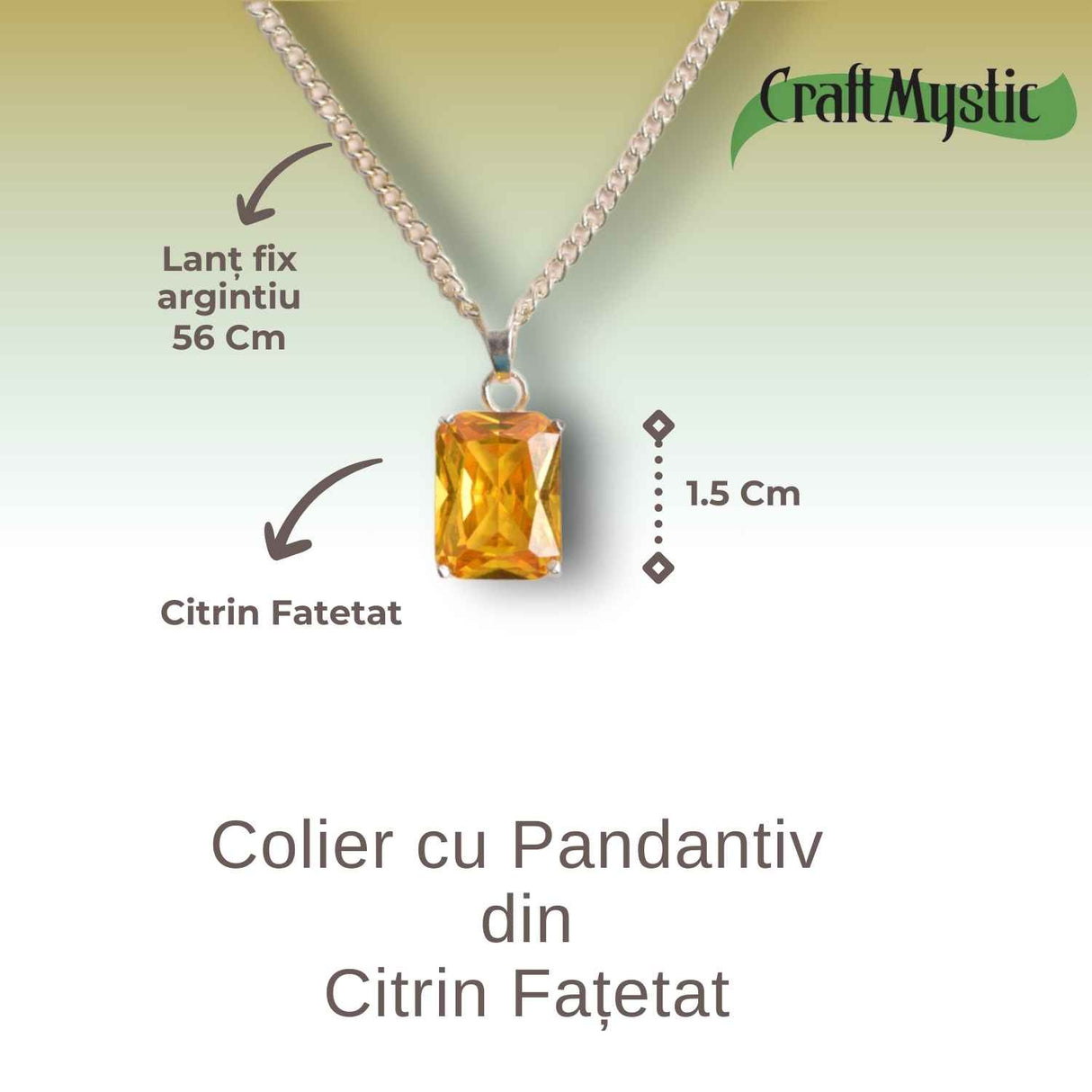 Colier cu Pandantiv Argintiu 15mm in Forma Dreptunghiulara cu Citrin Natural Fatetat - Energie si Prosperitate