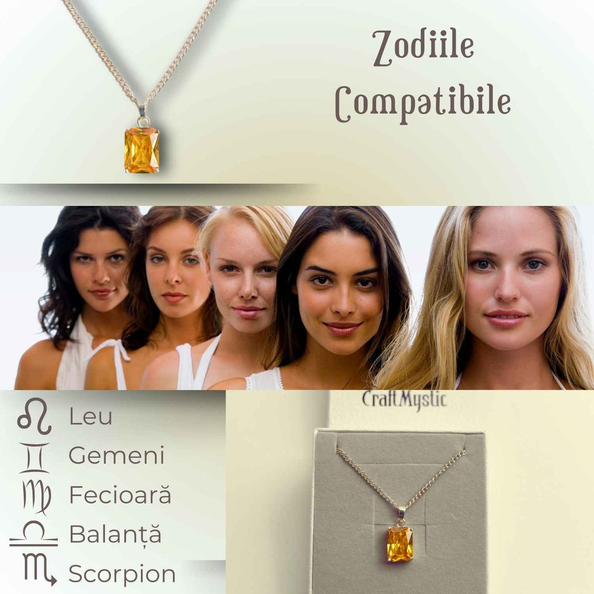 Colier cu Pandantiv Argintiu 15mm in Forma Dreptunghiulara cu Citrin Natural Fatetat - Energie si Prosperitate