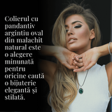 Colier Reglabil cu Pandantiv Argintiu 35mm in Forma Ovala din Malachit Natural
