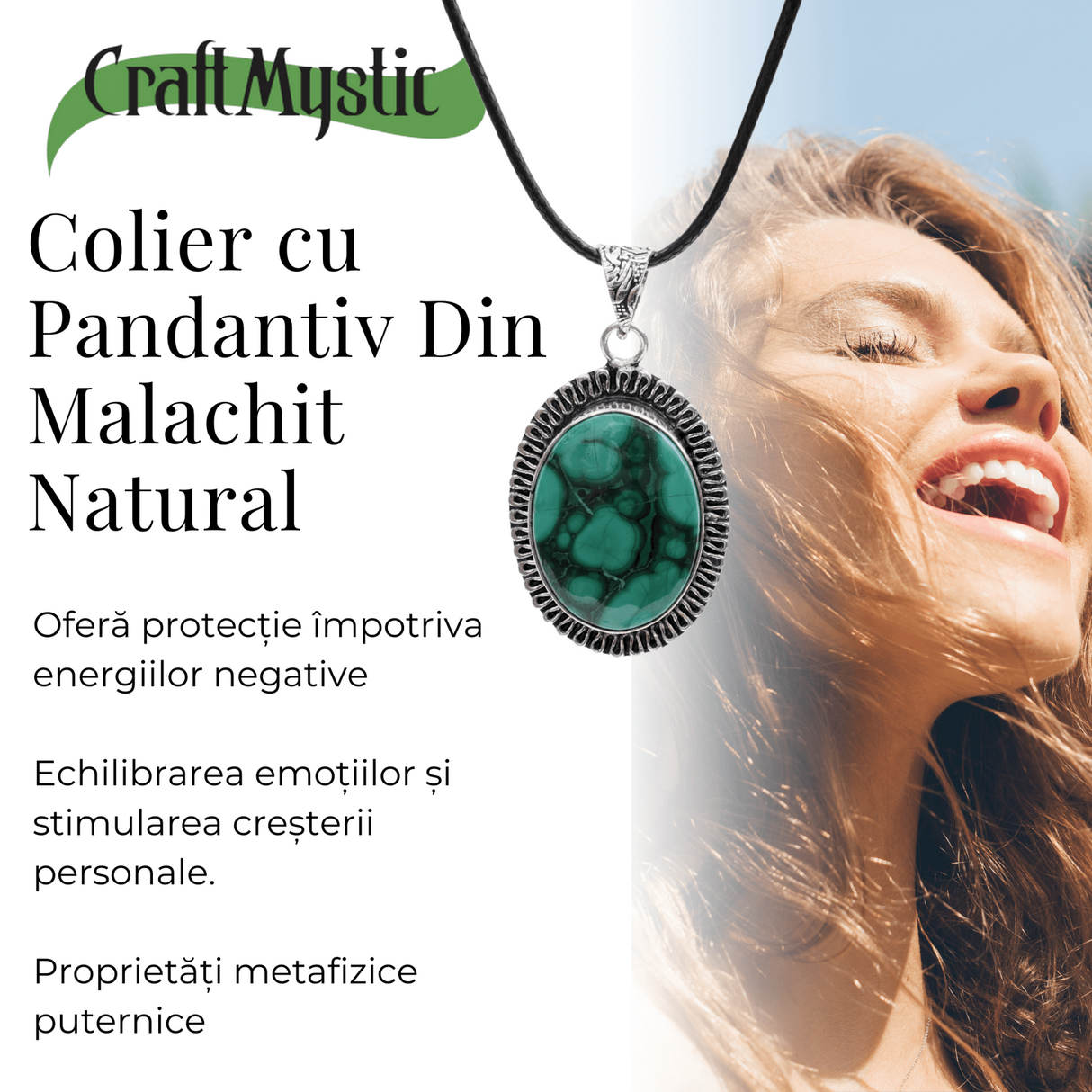 Colier Reglabil cu Pandantiv Argintiu 35mm in Forma Ovala din Malachit Natural