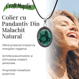 Colier Reglabil cu Pandantiv Argintiu 35mm in Forma Ovala din Malachit Natural