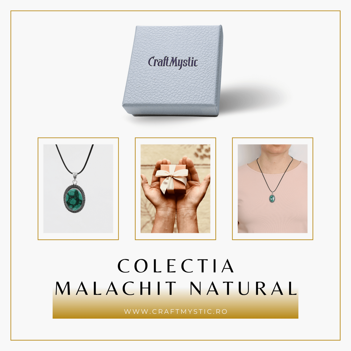 Colier Reglabil cu Pandantiv Argintiu 35mm in Forma Ovala din Malachit Natural