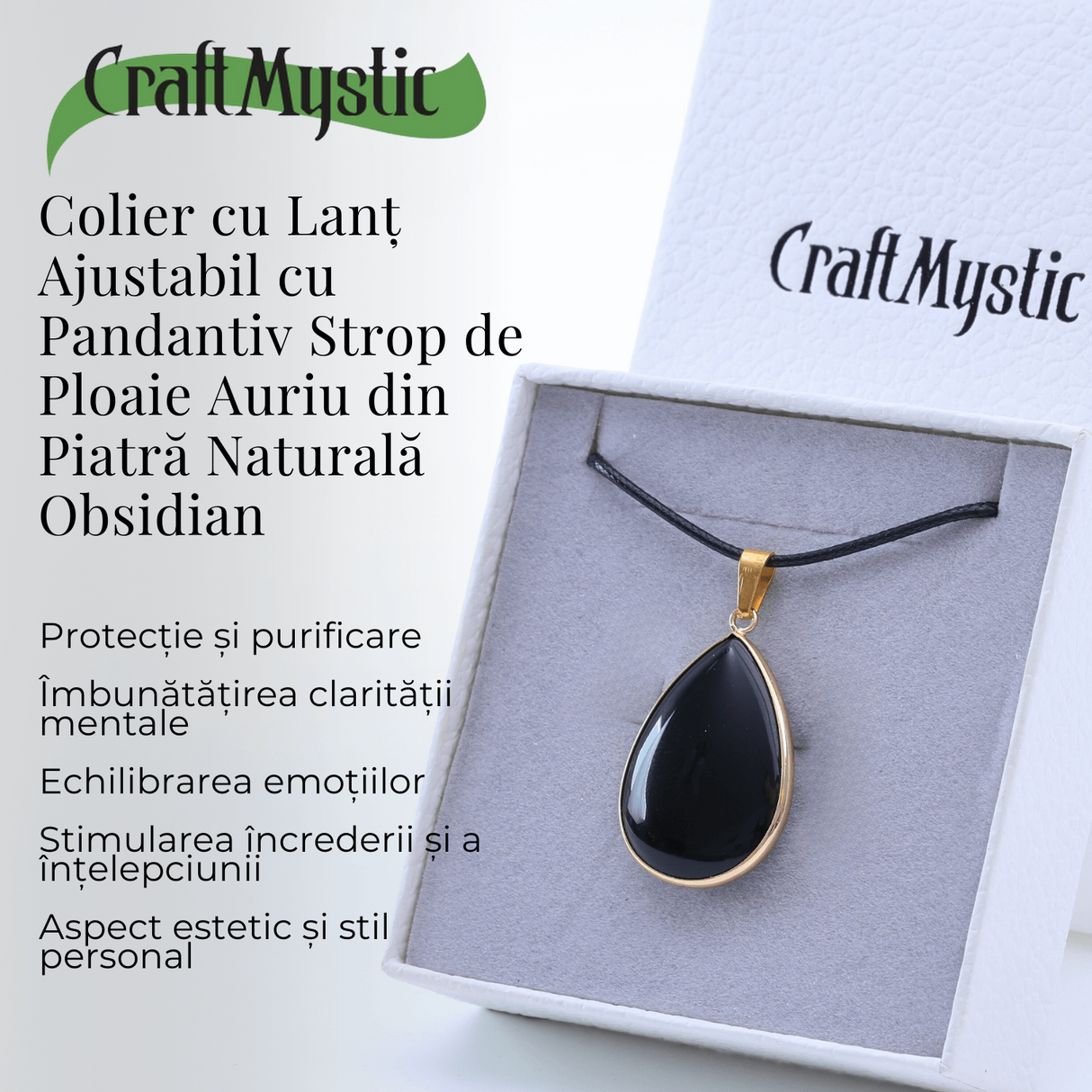 Colier ajustabil cu pandantiv strop de ploaie auriu Obsidian - Protectie si Claritate