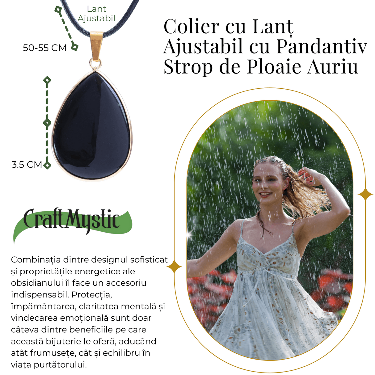 Colier ajustabil cu pandantiv strop de ploaie auriu Obsidian - Protectie si Claritate