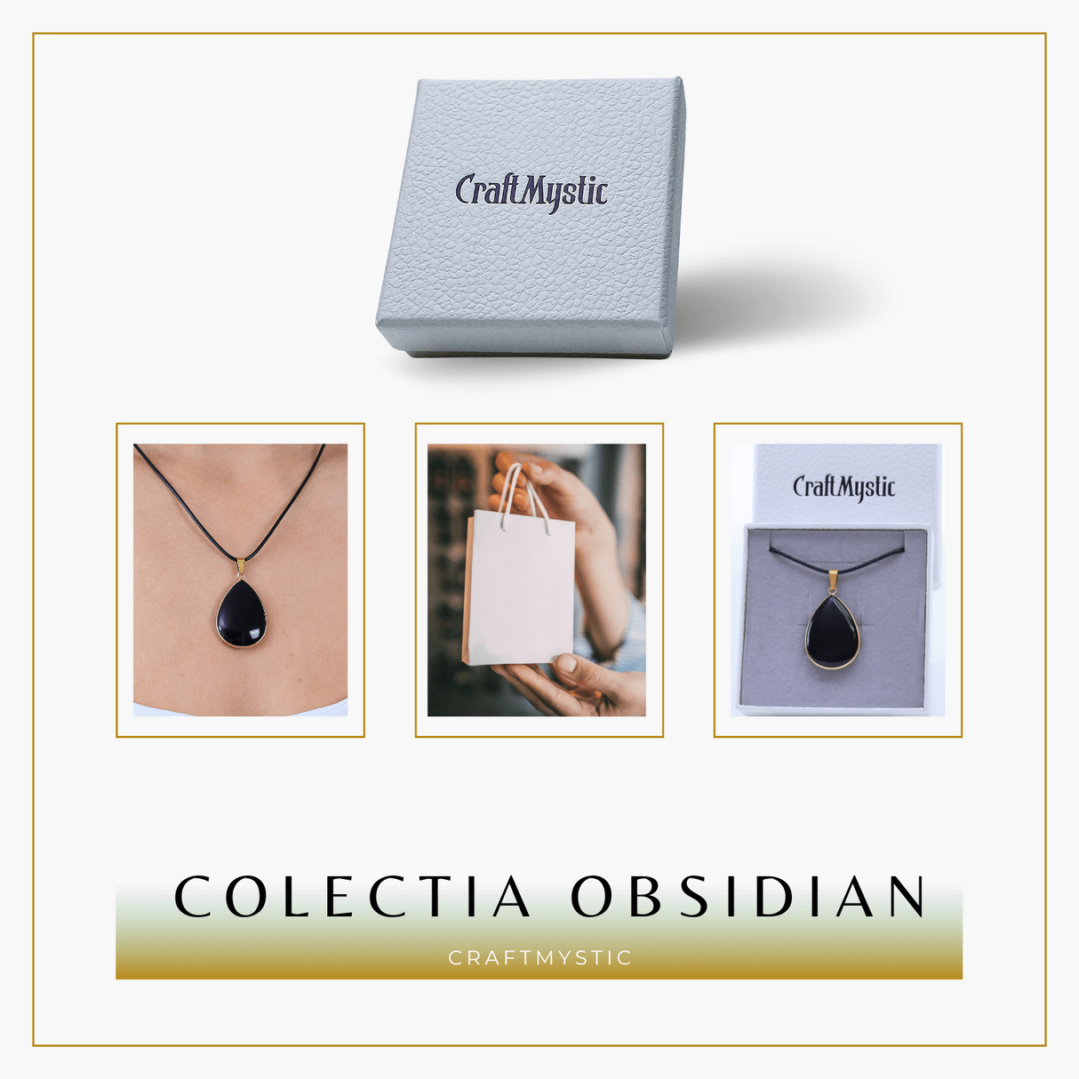 Colier ajustabil cu pandantiv strop de ploaie auriu Obsidian - Protectie si Claritate