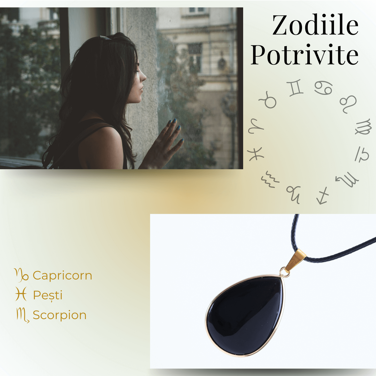 Colier ajustabil cu pandantiv strop de ploaie auriu Obsidian - Protectie si Claritate