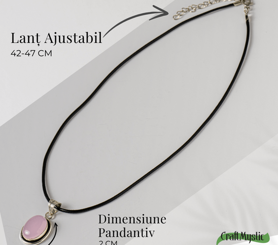 Colier reglabil cu pandantiv oval Cuart Roz – Dragoste si Echilibru Emotional