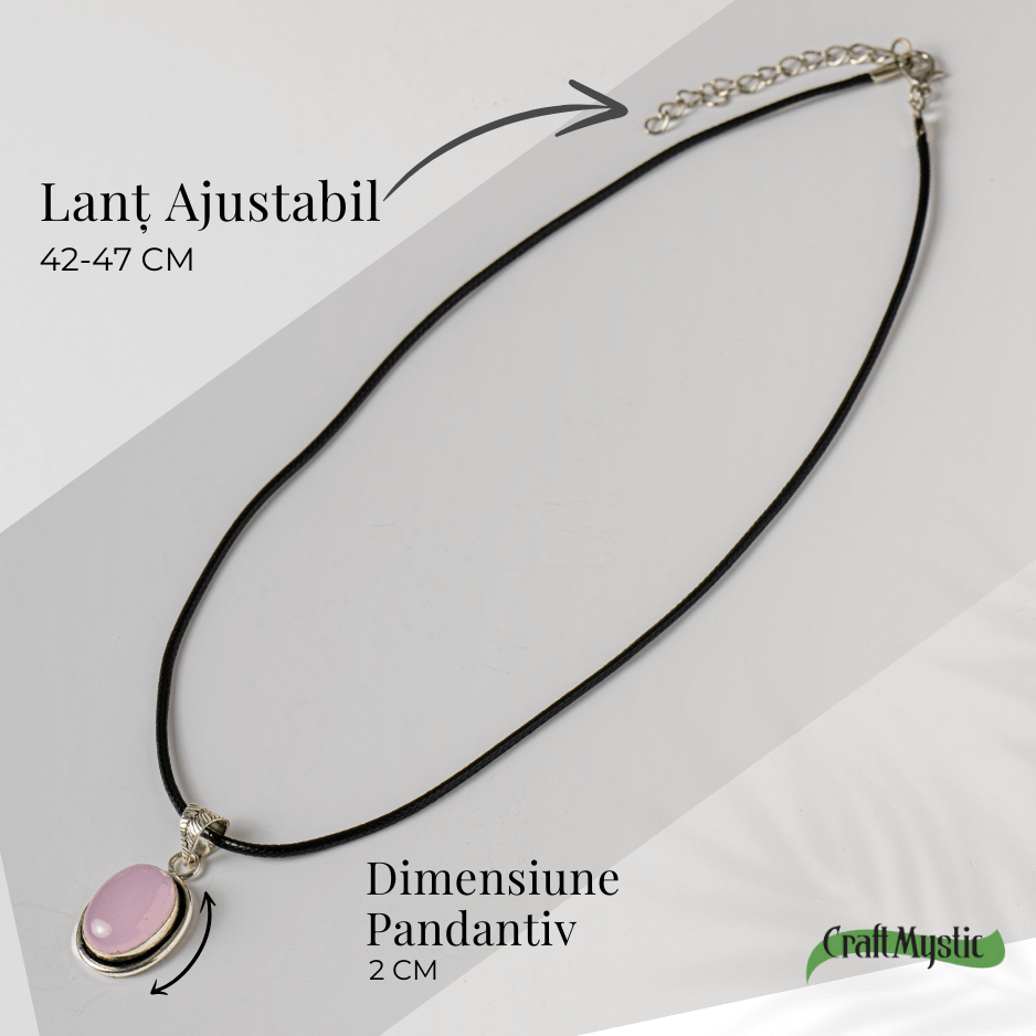 Colier reglabil cu pandantiv oval Cuart Roz – Dragoste si Echilibru Emotional
