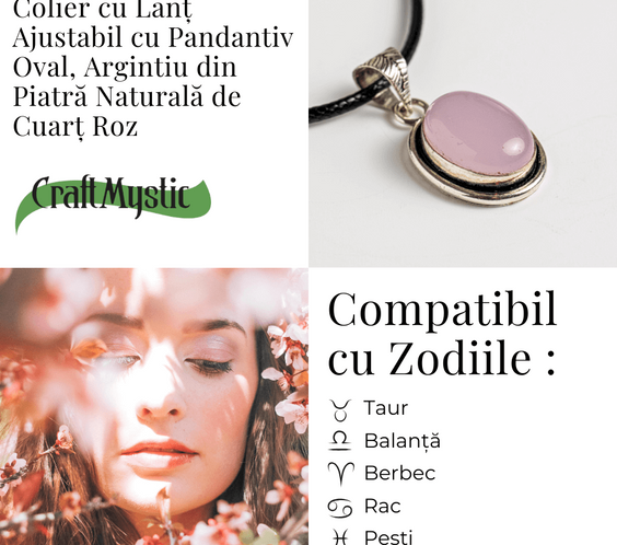 Colier reglabil cu pandantiv oval Cuart Roz – Dragoste si Echilibru Emotional