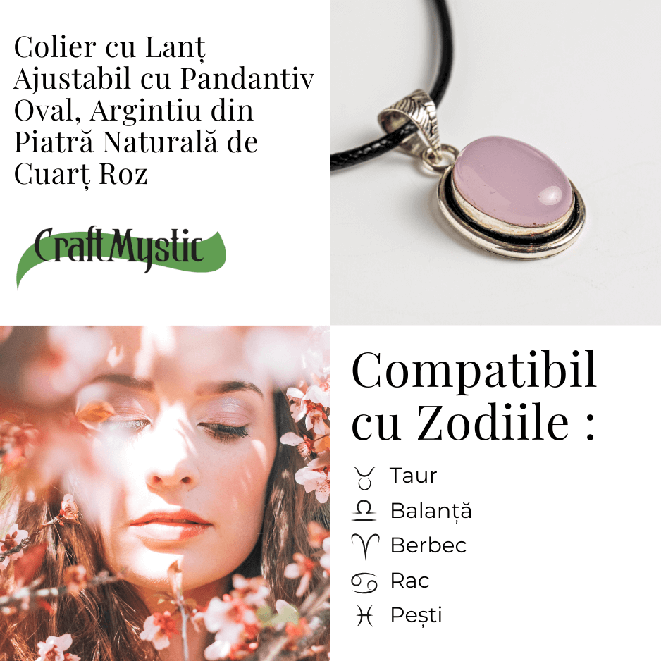 Colier reglabil cu pandantiv oval Cuart Roz – Dragoste si Echilibru Emotional