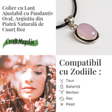 Colier reglabil cu pandantiv oval Cuart Roz – Dragoste si Echilibru Emotional