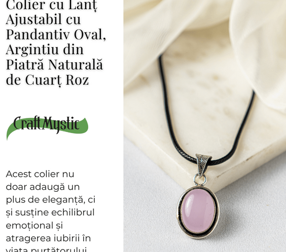 Colier reglabil cu pandantiv oval Cuart Roz – Dragoste si Echilibru Emotional