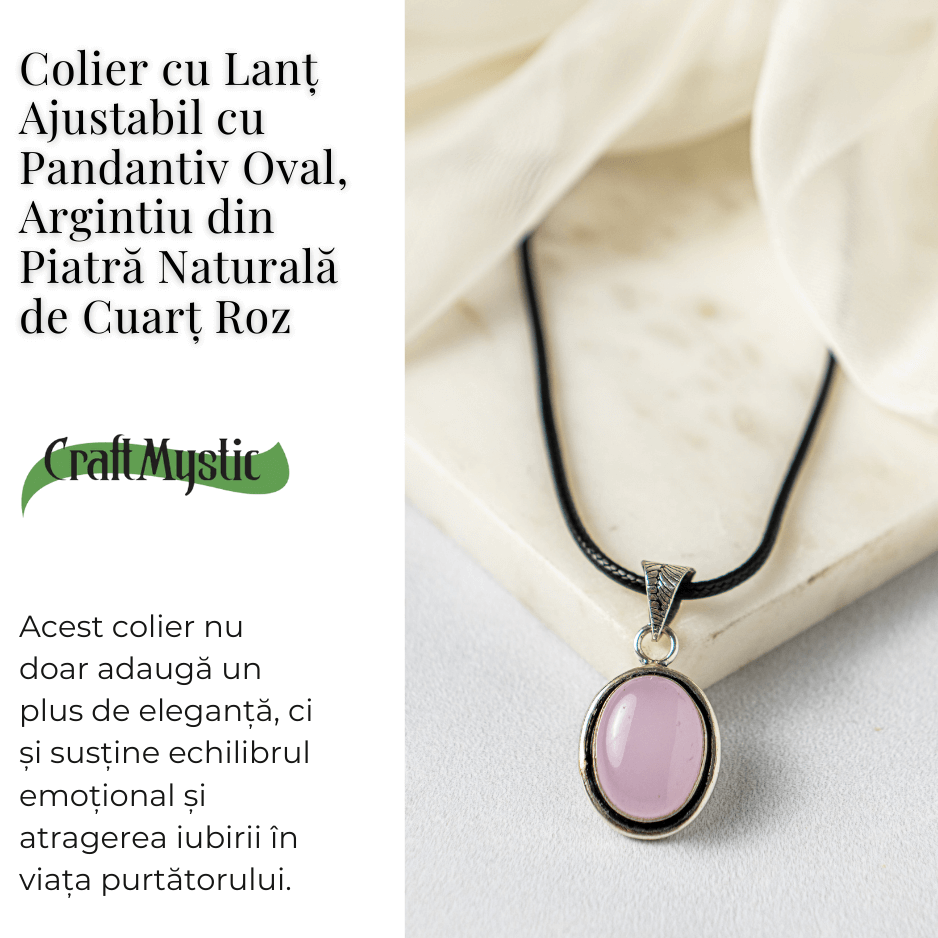 Colier reglabil cu pandantiv oval Cuart Roz – Dragoste si Echilibru Emotional