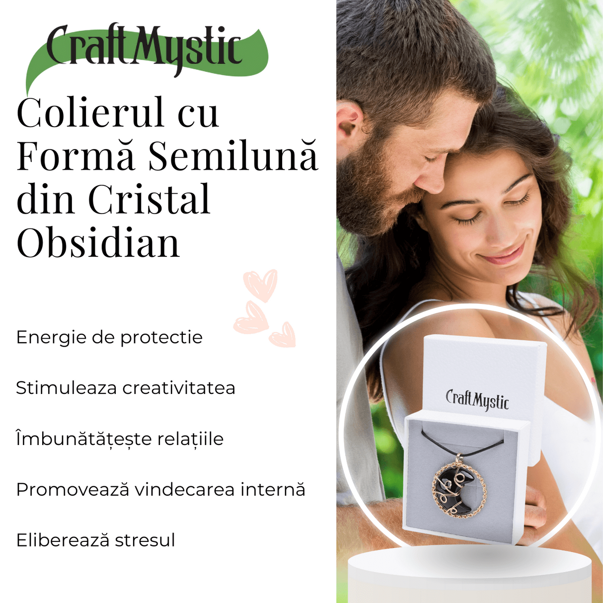 Colier Auriu Elegant in Forma de Semiluna cu Cristal Obsidian, Lungime Lant Ajustabila 34-38 cm