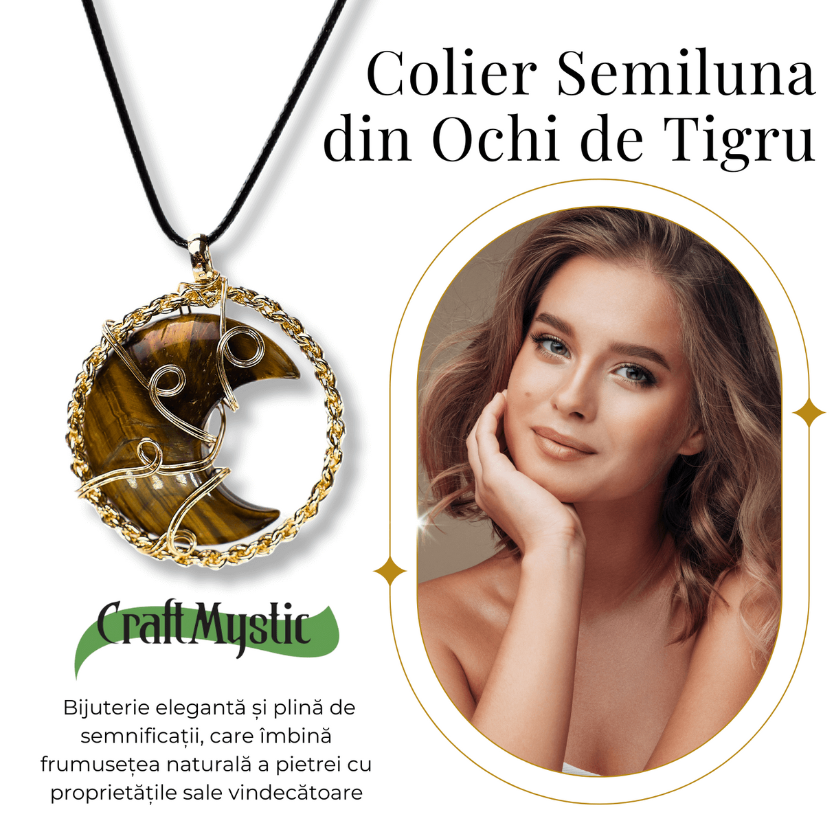 Colier Auriu Elegant in Forma de Semiluna cu Cristal Ochi de Tigru