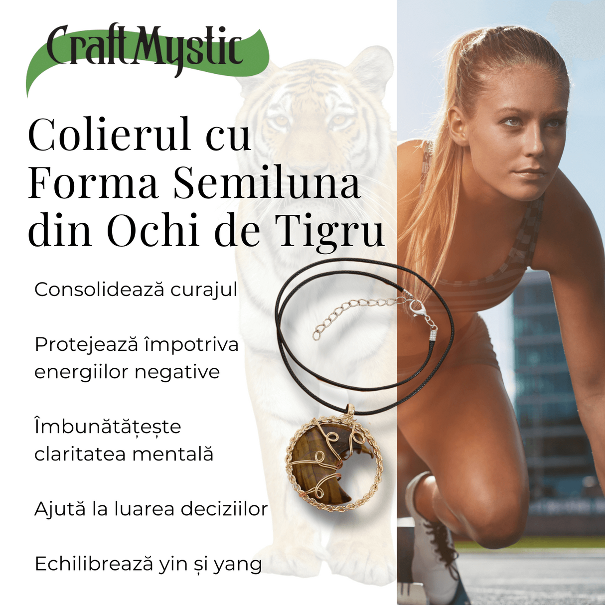 Colier Auriu Elegant in Forma de Semiluna cu Cristal Ochi de Tigru