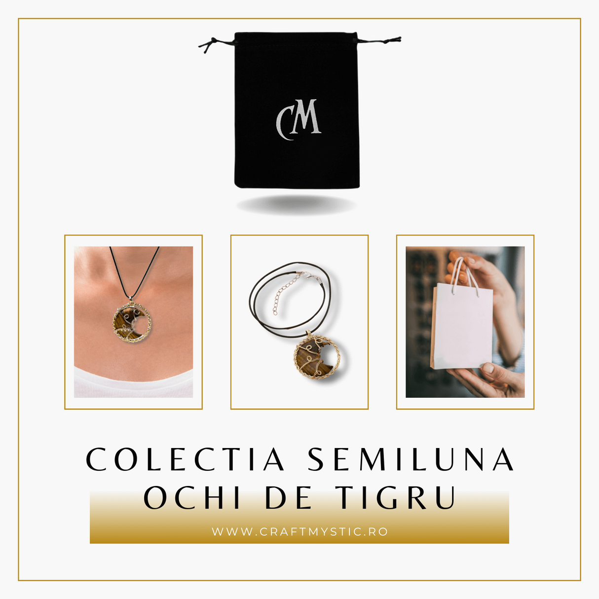 Colier Auriu Elegant in Forma de Semiluna cu Cristal Ochi de Tigru