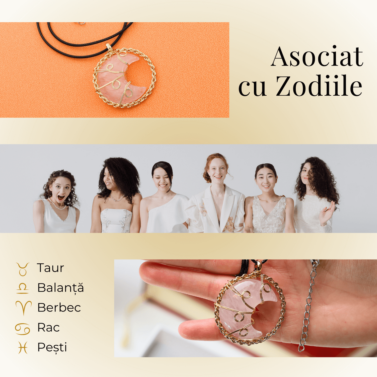 Colier Rafinat Auriu in Forma de Semiluna cu Cristal Cuart Roz