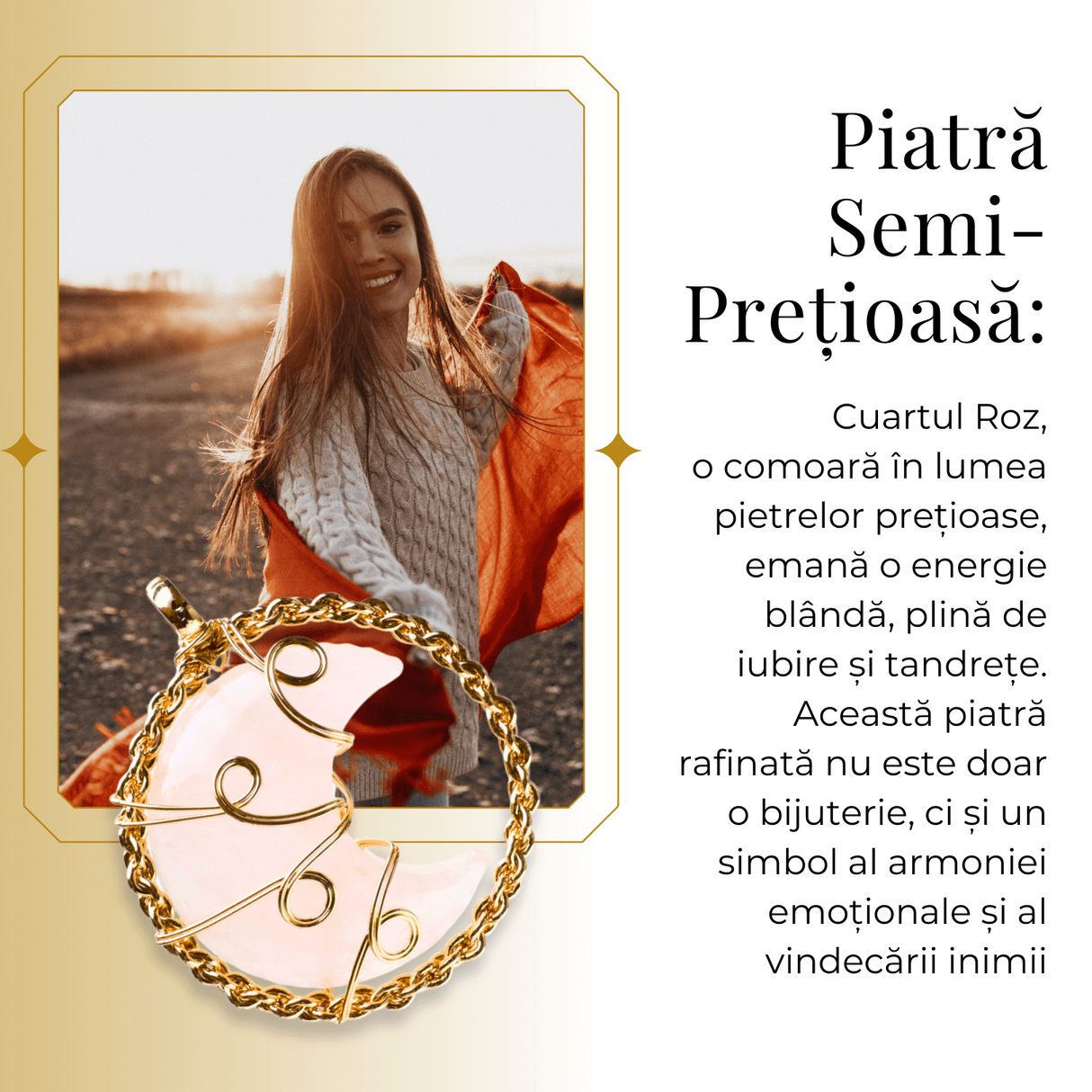 Colier Rafinat Auriu in Forma de Semiluna cu Cristal Cuart Roz