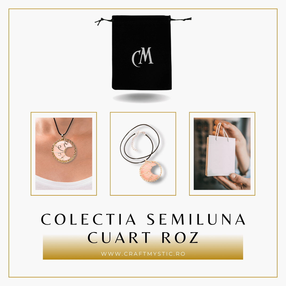 Colier Rafinat Auriu in Forma de Semiluna cu Cristal Cuart Roz