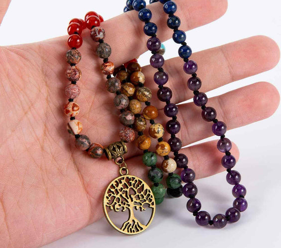 Colier Mala realizat manual cu dubla utilizare si 108 margele naturale semipretioase 7 chakre - Pentru Yoga, Meditatie