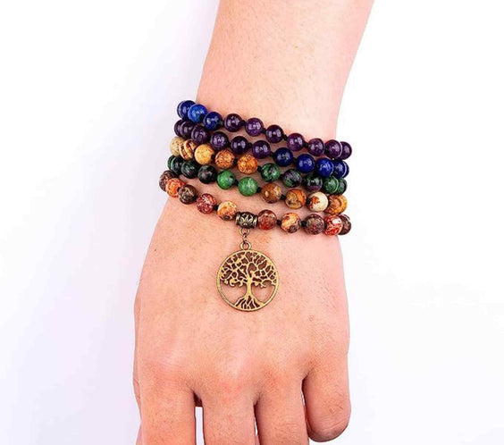Colier Mala realizat manual cu dubla utilizare si 108 margele naturale semipretioase 7 chakre - Pentru Yoga, Meditatie