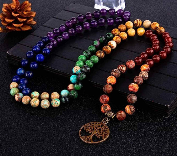 Colier Mala realizat manual cu dubla utilizare si 108 margele naturale semipretioase 7 chakre - Pentru Yoga, Meditatie