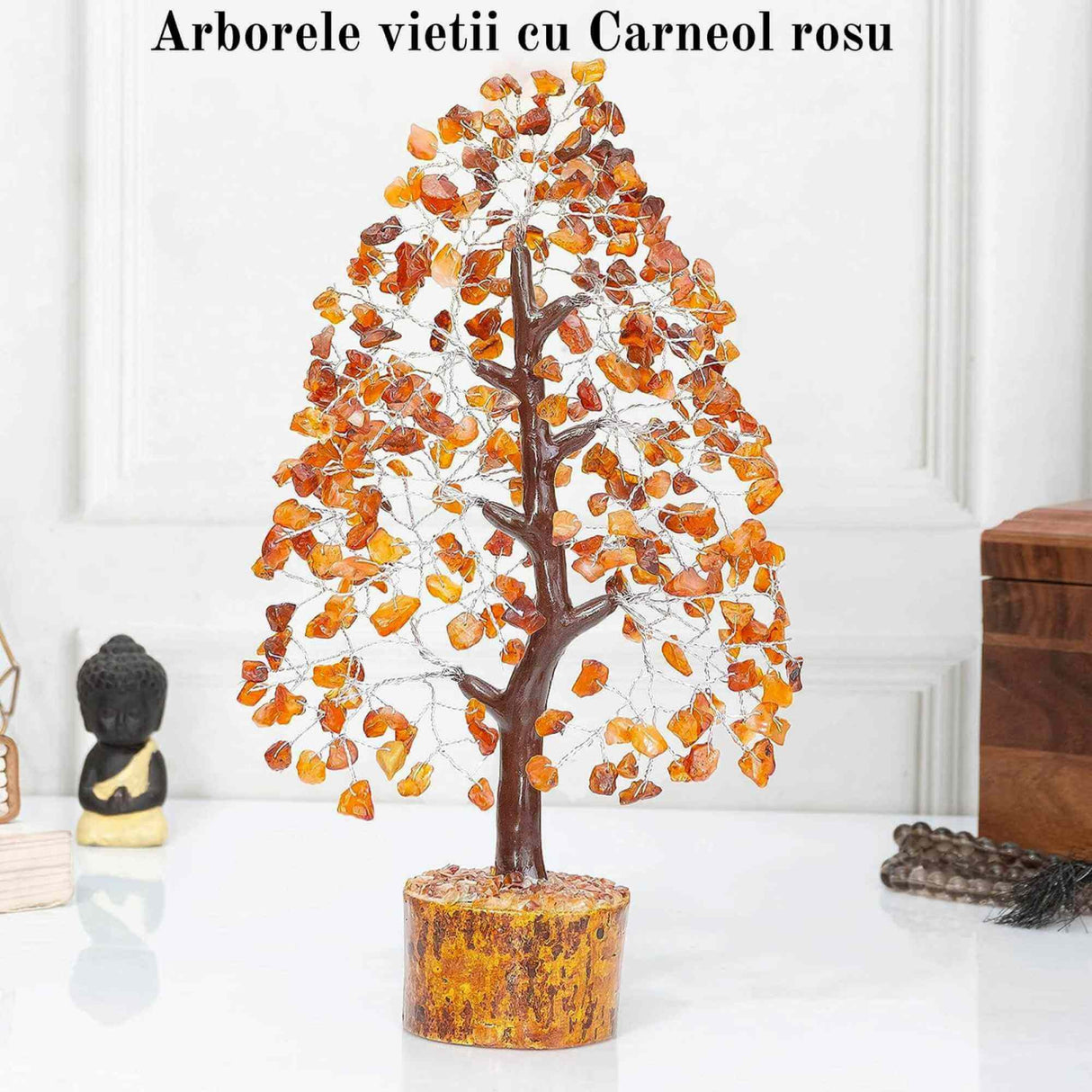 Arbore 25 cm cu pietre semipretioase Carneol - Copacel pentru Vindecare si Bunastare - Decor Feng Shui pentru Acasa si Birou - Cadou pentru Noroc si Prosperitate
