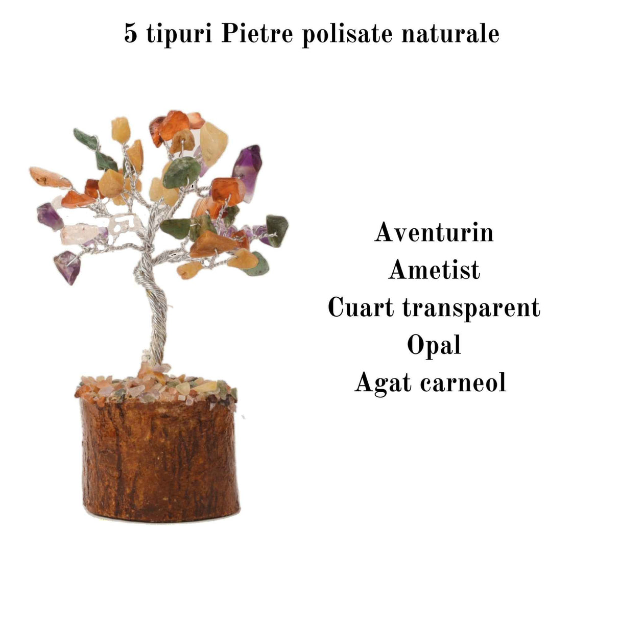 Mini Copacel 10-11 cm cu 5 pietre semipretioase mixte si baza din lemn - Simbolizeaza stabilitate, abundenta, prosperitate
