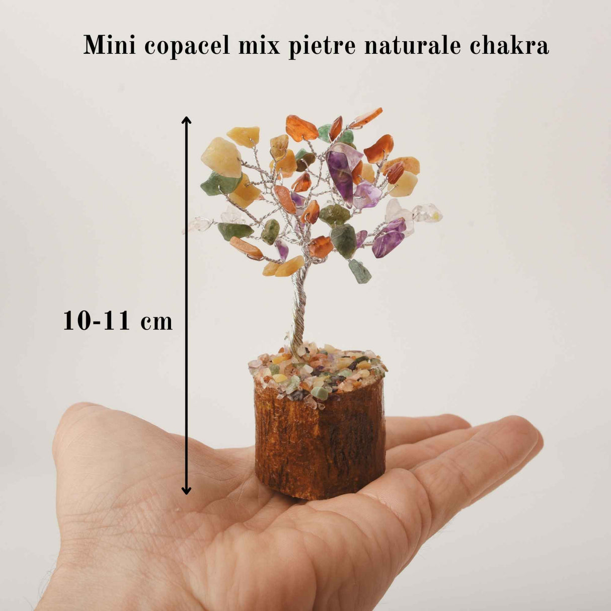 Mini Copacel 10-11 cm cu 5 pietre semipretioase mixte si baza din lemn - Simbolizeaza stabilitate, abundenta, prosperitate