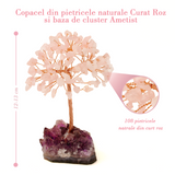 Copacel 12-13 cm cu 108 pietre naturale semipretioase Cuart Roz pe baza de Ametist cluster