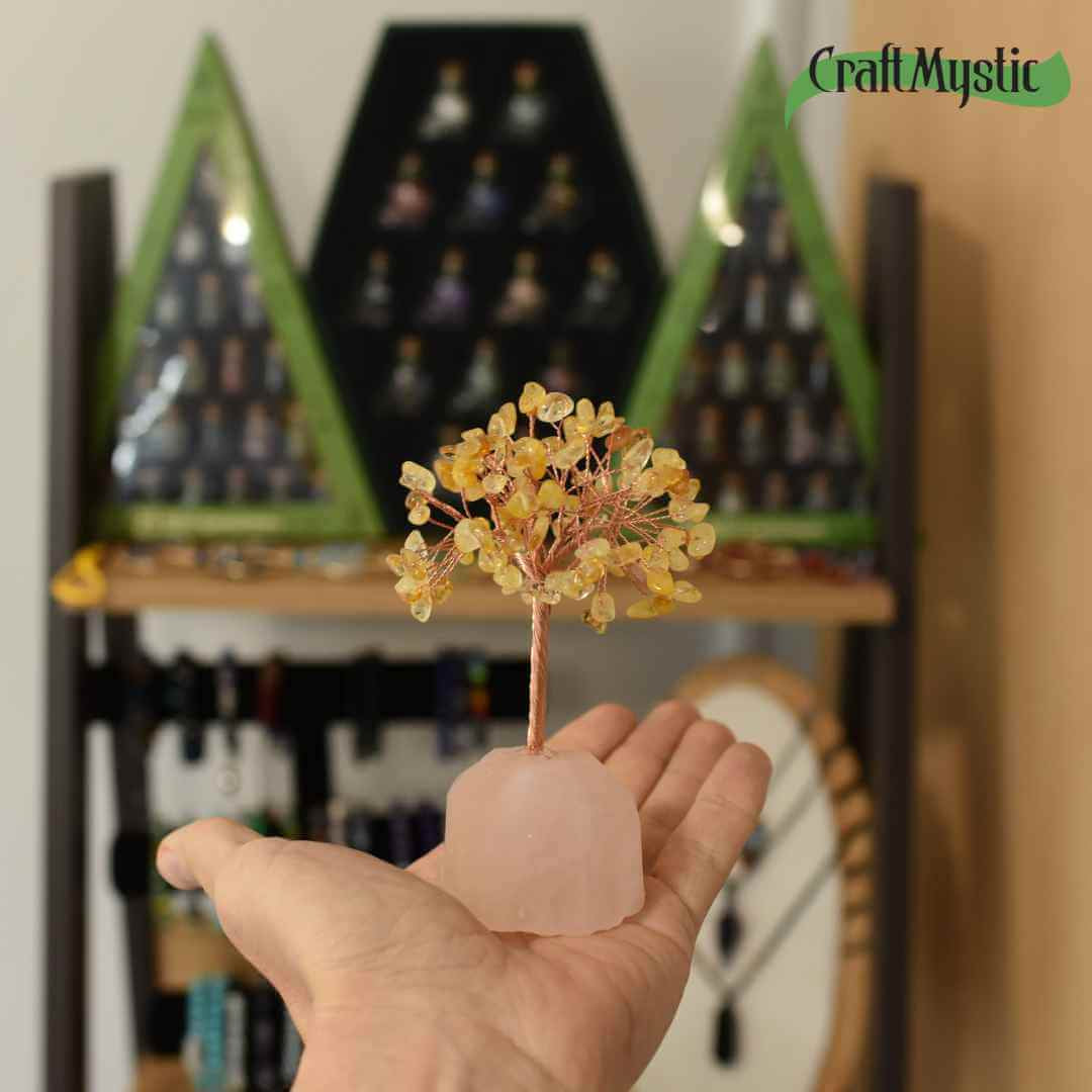 Copacel 12 cm din cristale semipretioase Citrin si baza de cuart roz - Aduce energie pozitiva, iubire