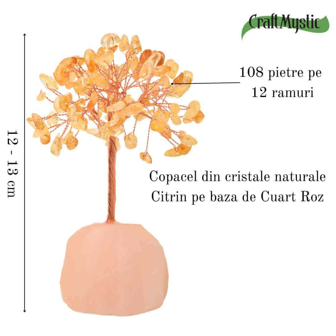 Copacel 12 cm din cristale semipretioase Citrin si baza de cuart roz - Aduce energie pozitiva, iubire