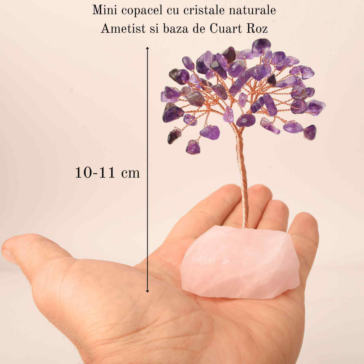 Copacel 10-11 cm din cristale naturale Ametist cu baza de Cuart Roz cu 6 ramuri și 54 mini pietre semiprețioase - Echilibru si bunastare