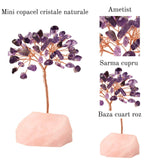 Copacel 10-11 cm din cristale naturale Ametist cu baza de Cuart Roz cu 6 ramuri și 54 mini pietre semiprețioase - Echilibru si bunastare