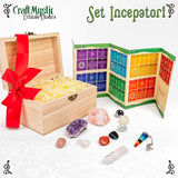 Set Premium cristale si pietre naturale vindecatoare in cutie de lemn - 11 piese pentru meditatie, spiritualitate, echilibrarea chakrelor – Cluster de ametist, pendul chakra, cuart roz, cristal de sta