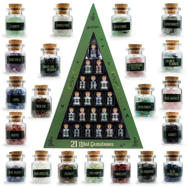 Set 21 Sticlute cu Mini Cristale si Pietre Semipretioase pentru Ritualuri Magice