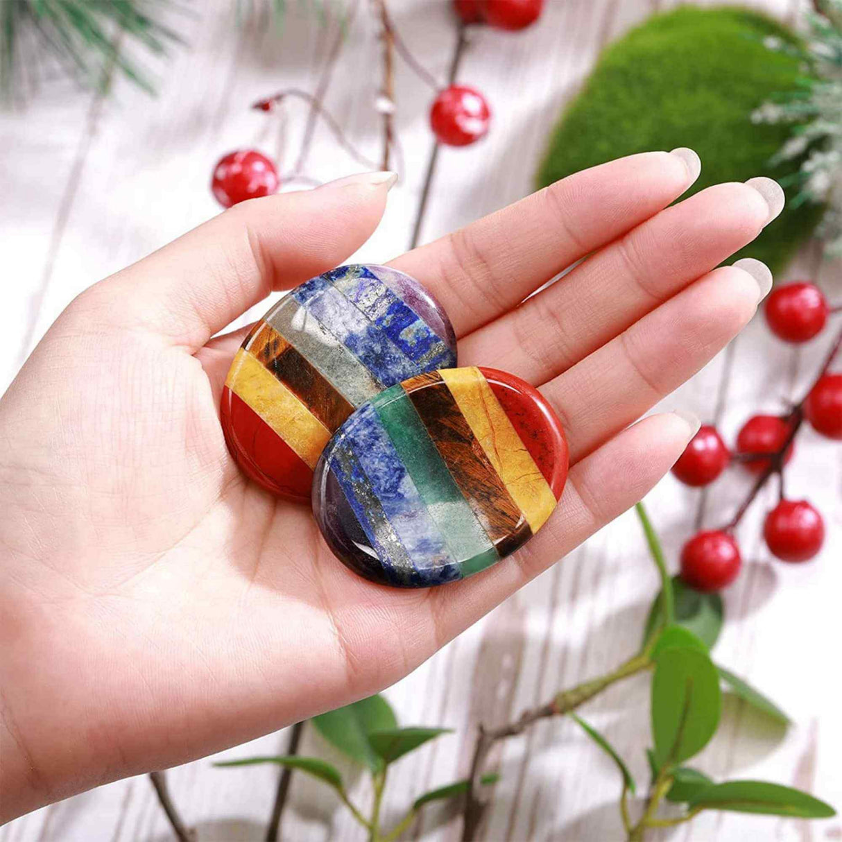 Forma ovala din pietre semipretioase 7 chakre pentru degetul mare - Utila pentru anxietate, meditatie, cristal natural de buzunar