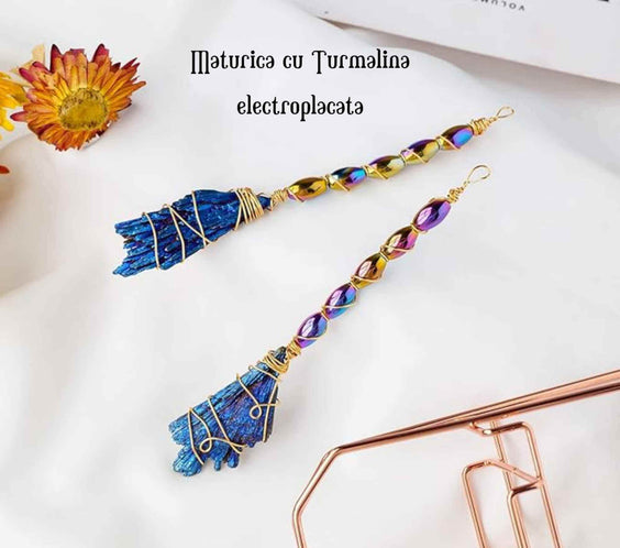Matura Decorativa 12-14 cm din Turmalina neagra electroplacata curcubeu Perfecta pentru Meditatie si Arta