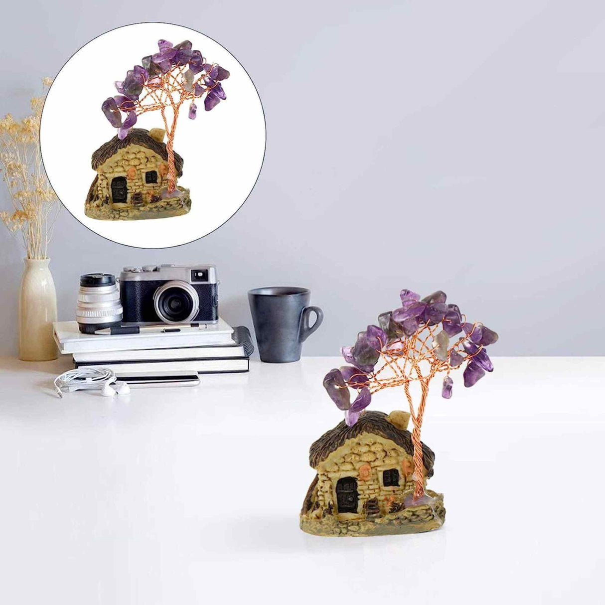 Figurina casuta cu ramuri din cristale naturale Ametist - Decoratiune interior sau exterior, pentru casa, birou, acvariu