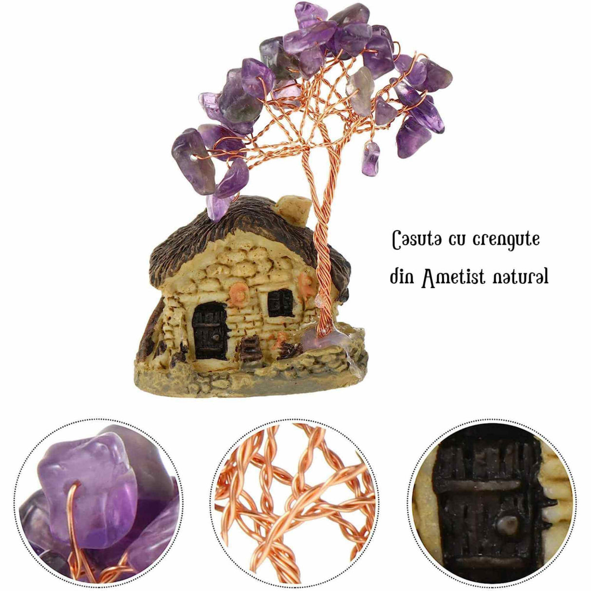 Figurina casuta cu ramuri din cristale naturale Ametist - Decoratiune interior sau exterior, pentru casa, birou, acvariu