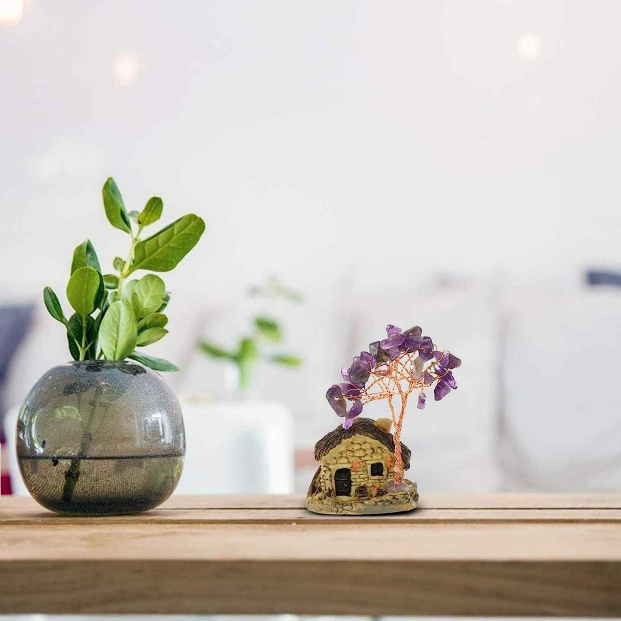 Figurina casuta cu ramuri din cristale naturale Ametist - Decoratiune interior sau exterior, pentru casa, birou, acvariu
