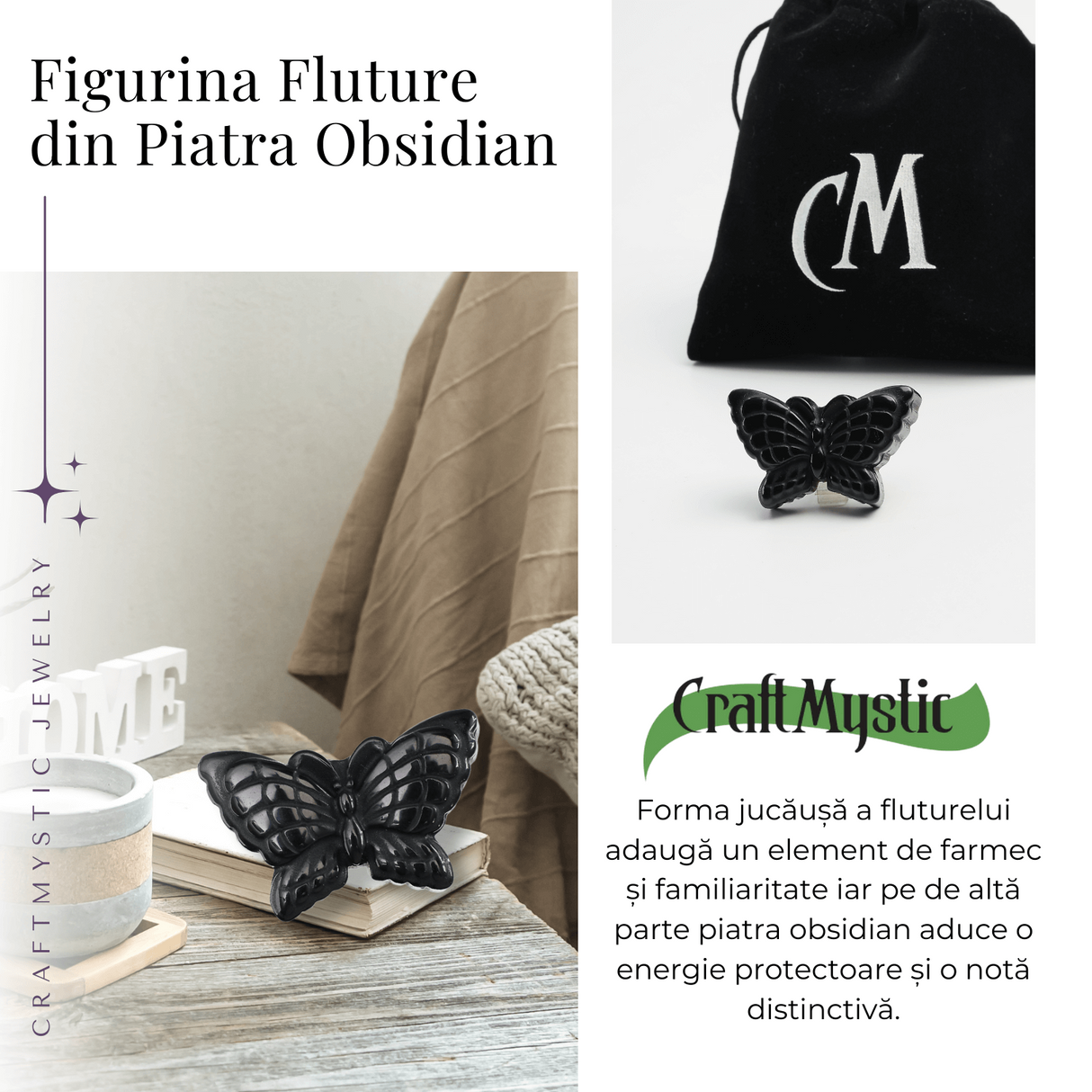 Figurina Fluture din Obsidian Natural, 5 cm - Protectie Energetica si Transformare Spirituala